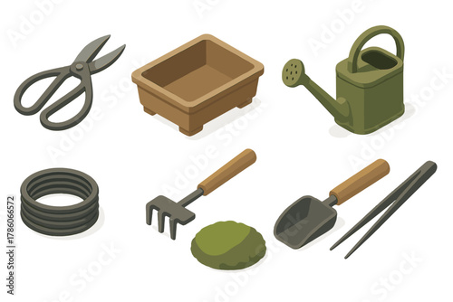 Bonsai Gardening Tools. Isometric vector illustration set of Bonsai gardening: bonsai pruning scissors, ceramic bonsai pot, mini