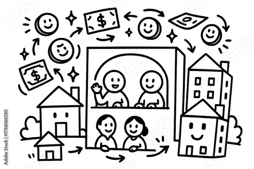 Doodle Remittance Hub. Playful doodle community remittance hub with smiling clerks, cartoon coins and bills bouncing, cheerful