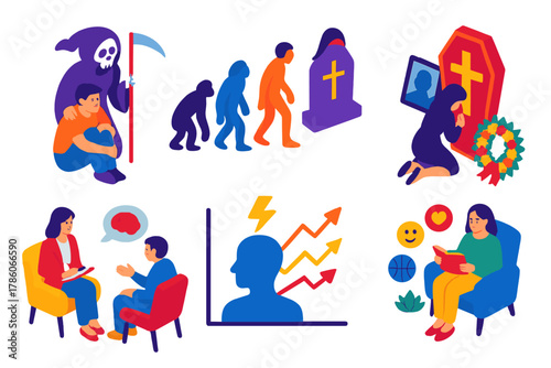 Thanatophobia Symbols. Isometric vector illustration set Thanatophobia: fear of death visualization, evolutionary adaptation icons