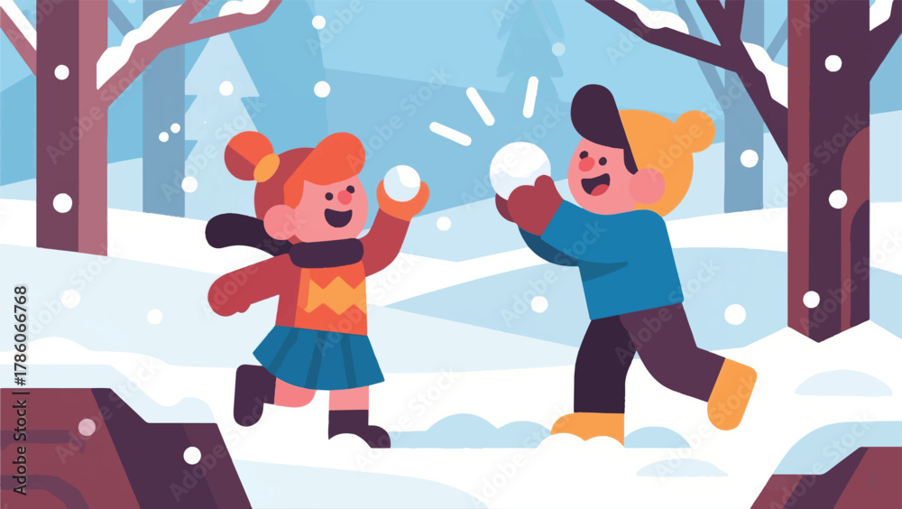 Naklejka premium Illustration Of A Girl And A Boy Playing Snowballs Vector Design Template