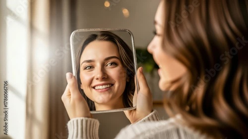 A young woman smiling and looking at her reflection in a square mirror