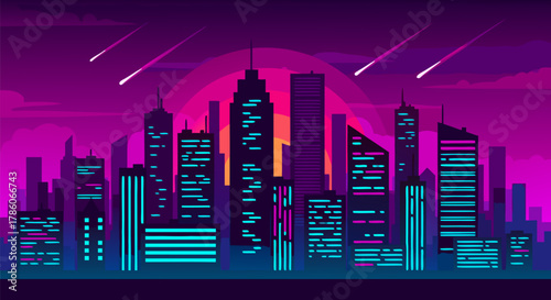 Futuristic Cityscape at Sunset A Neon-Lit Skyline with Falling Meteors in a Vibrant Purple Hue