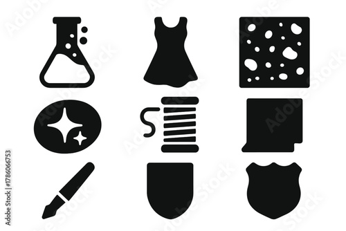 Luxury Fashion Icons. Solid style icons of luxury reactive wear: elegant dye icon, silk shift badge, premium texture panel.