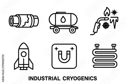 Cryogenics Line Icons. Line style icons of Industrial Cryogenics: steel pipe insulation, liquefied gas transport, welding torch