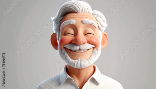 3D cartoon-style elderly man with white hair and beard, joyful expression and closed eyes, wearing white shirt on light gray background.