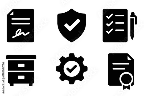FMT Regulatory Icons. Solid style icons of FMT regulations and consent: signature document, regulatory shield, checklist with pen.