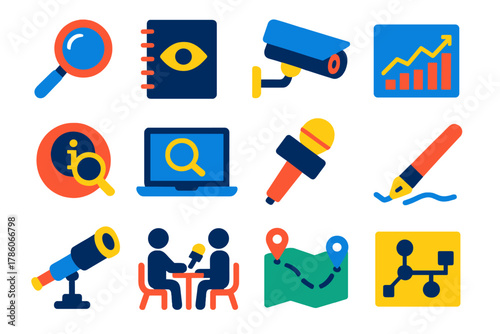 Secretive Study Icons. Flat vector icons of tools for studying secrecy and information control: magnifying glass, observation