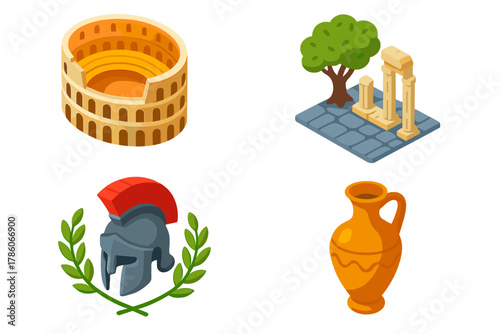 Ancient Rome Icons. Isometric vector illustration set Historical monuments – Colosseum amphitheater, arena floor, exterior arches;