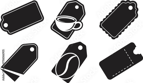 Black silhouette tag icons, coffee label design, tea packaging template, retail sticker shapes, vintage ticket tags, branding elements