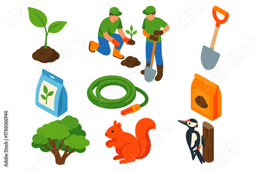 Climate Action Icons. Isometric vector illustration set Climate action – forest sapling, reforestation team, tree-planting shovel;