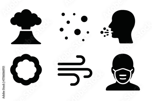 Volcanic Ash Icons. Solid style icons of volcanic dust and ash effects: ash cloud glyph, fine particles icon, breath badge. Dust