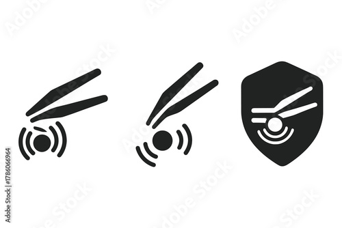 Acoustic Tweezers Icons. Solid style icons of acoustic tweezers: sonic beam with grabbed cell, precision levitation icon, acoustic