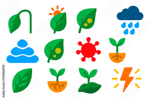 Plant Stress Icons. Flat vector icons of plant responses to environmental stress: wilting leaf, sunburn leaf, frost icon, heavy