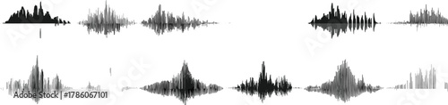 Audio waveform collection, sound signal visualization, abstract amplitude graph, music waveform pattern, acoustic analysis, digital soundwave, waveform comparison, audio art