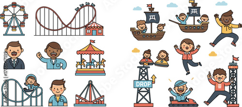 Amusement park, cartoon people, fun rides, Ferris wheel, roller coaster, carousel, drop tower, pirate ship, bumper cars, joyful expressions