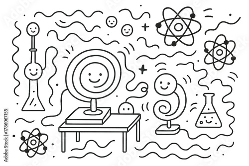 Whimsical Quantum Lab. Whimsical doodle quantum lab with smiling particle accelerators, cheerful virtual particles popping in and