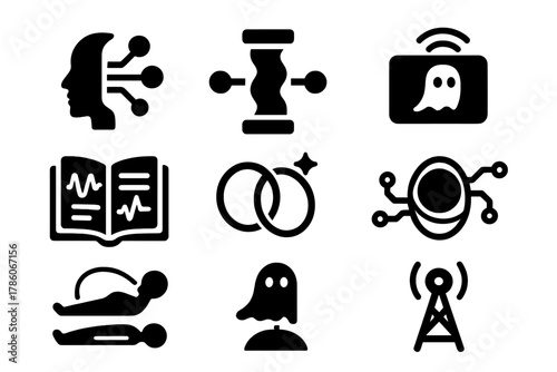 Astral Tech Icons. Solid style icons of astral tech integration: soul-link circuits, ethereal conductors, spirit signal ports.