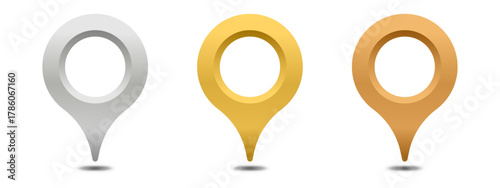 Set of metallic silver, gold, and bronze in gradient map pin icons 