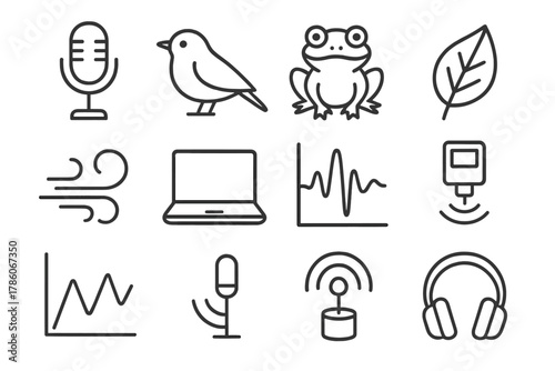 Forest Acoustics Icons. Line style icons of Forest Acoustic Research: Microphone, Animal Call, Soundscape Quality, Data Analytics;
