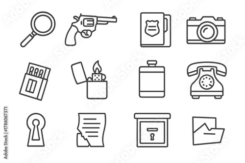 Detective Tools Icons. Line style icons of detective nostalgia: magnifying glass, revolver, case file, camera; matchbox, lighter,