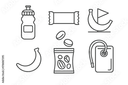 Ultra-Marathon Nutrition Icons. Line style icons of ultra-marathon nutrition: electrolyte drink bottle, energy bar wrapper, banana