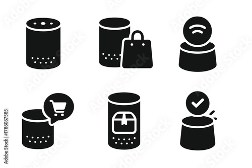 Smart Speaker Icons. Solid style icons of smart speakers in commerce: cylindrical smart speaker, shopping bag next to speaker, AI