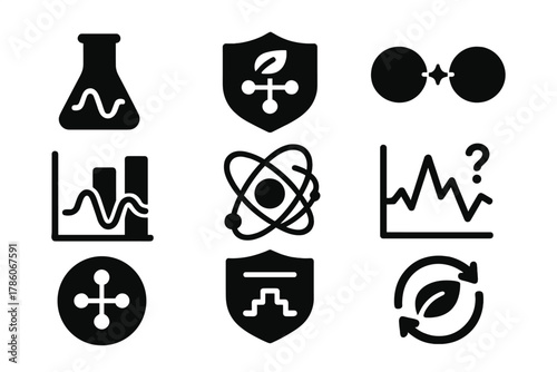 Quantum Biochemistry Icons. Solid style icons of quantum biochemistry: reaction vessel with wave symbol, bio-chemical pathway