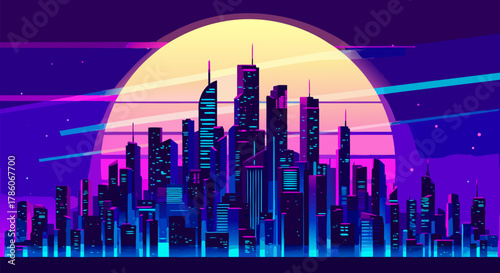 Vaporwave Cityscape with Retro Sun and Neon Glows - A Nostalgic Digital Art Scene