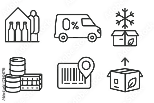 Logistics Icons Set. Line style icons of distribution and logistics: brew warehouse, delivery van with zero label, cold chain icon