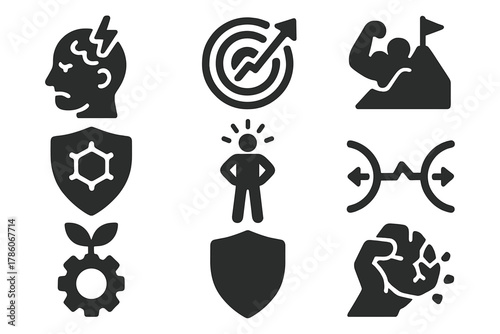 Resilience Icon Set. Solid style icons of resilience building: stress exposure badge, upward growth ring, challenge leads to
