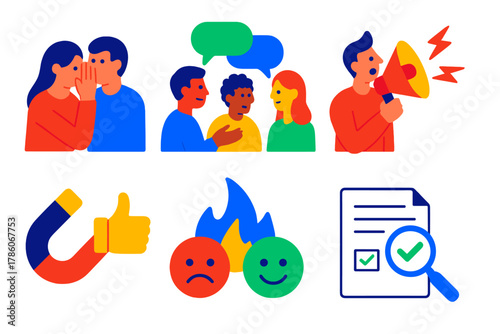 Psychology of Rumors. Isometric vector illustration set Psychology of rumor transmission: whisper networks, group conversations,
