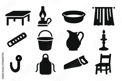 Vintage Surgery Icons. Solid style icons of Old Operating Room: Wooden Table, Oil Lamp, Metal Basin, Cloth Drapes, Leather Strap,