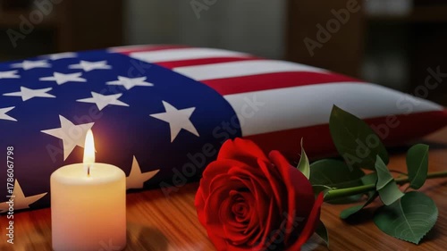 American flag, candle, and rose on a wooden table in a somber setting