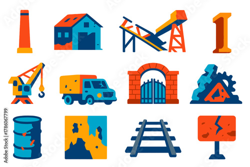 Forgotten Industry Icons. Flat vector icons of Forgotten Industry: smokestack, derelict warehouse, collapsed conveyor, rusted