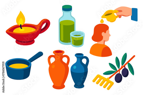 Oleology Icon Set. Isometric vector illustration set Oleology: lamp oils burning, olive oil containers, ritual anointing, cooking
