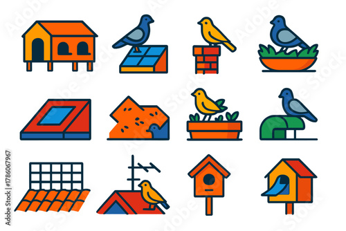 Rooftop Ecology Icons. Flat vector icons of Rooftop Ecology: pigeon coop, solar panel with bird, chimney perch, green roof nest,