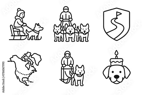 Sled Dog Journey Icons. Line style icons of milestones and progress: first sled ride, full team assembled, solo mushing icon, long