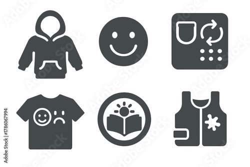 Children's Mood Fashion Icons. Solid style icons of children's mood fashion: color hoodie icon, smiley patch badge, interactive