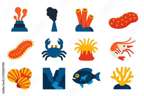 Deep-Sea Ecosystem Icons. Flat vector icons of deep-sea ecosystems: hydrothermal vent, black smoker chimney, tube worm, sea