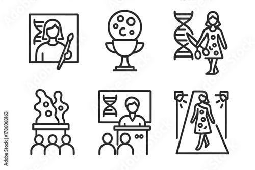 BioArt Icons Collection. Line style icons of BioArt competitions and events: artist with DNA frame, petri dish award, gene editing