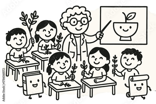 Whimsical Herbal Classroom. Cute doodle traditional medicine classroom with smiling students holding herbs, cheerful books and