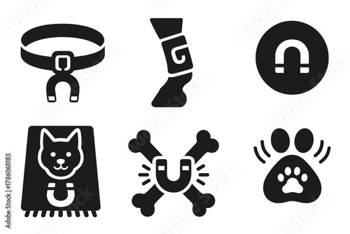 Animal Magnetic Therapy Tools. Solid style icons of animal magnetic therapy: pet collar with magnet, horse leg wrap, dog pad