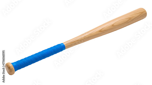 Vector illustration of wooden baseball bat with blue grip on a white background
