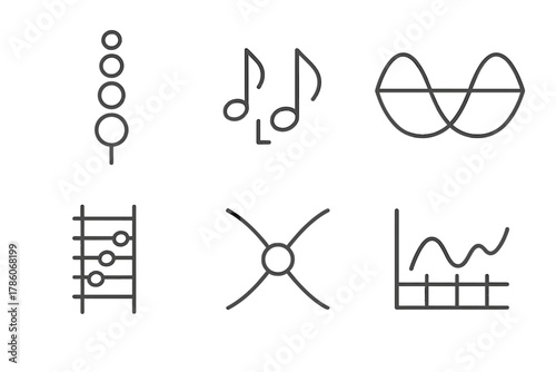 Musical Theory Icons. Line style icons of Musical Harmonic Theory: overtone series, harmonic interval icon, vibrating string