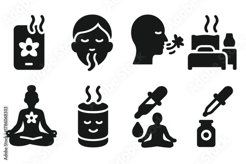 Aromatherapy Icon Set. Solid style icons of digital scent for wellness: aromatherapy app, calm scent icon, breathing with