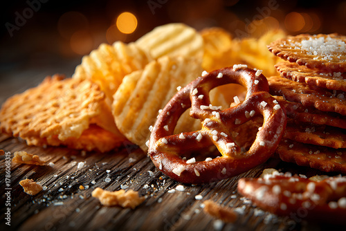 Salty snacks. Pretzels, chips, crackers