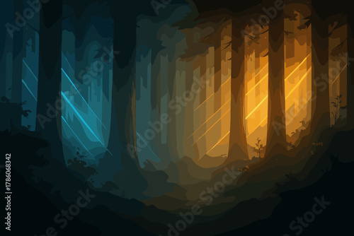 Enchanted Forest Lights. Atmospheric forest scene with glowing blue and golden vector illustration lights streaming through tall