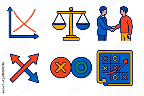 Nash Equilibrium Icons. Isometric vector illustration set Nash Equilibrium: intersecting strategy curves, balance scale with equal