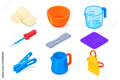 Candle Making Tools. Isometric vector illustration set Candle making – soy wax blocks, microwave-safe bowl, glass measuring cup;