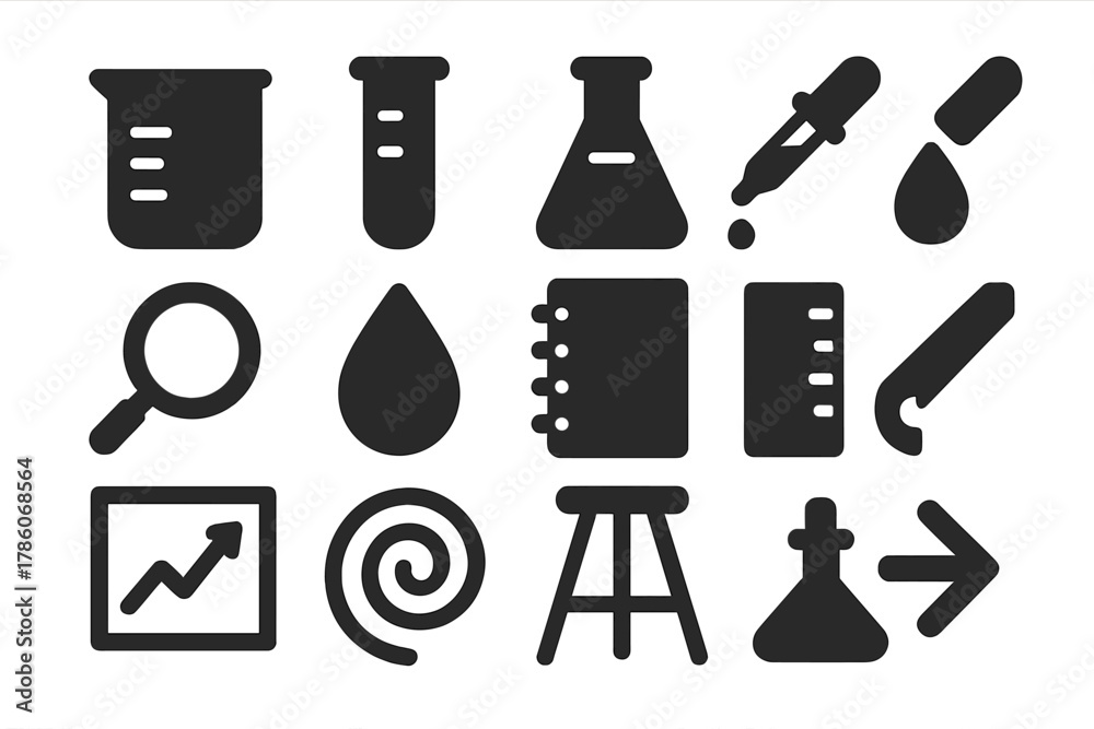 Fototapeta premium Olfactory Chemistry Icons. Solid style icons of laboratory tools in olfactory chemistry: beaker, test tube, flask, pipette,